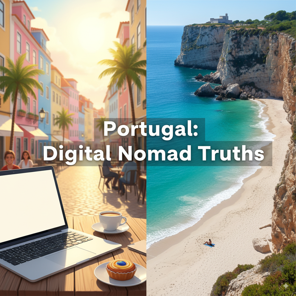 Lisbon café with laptop and Sesimbra beach view — digital nomad lifestyle in Portugal
